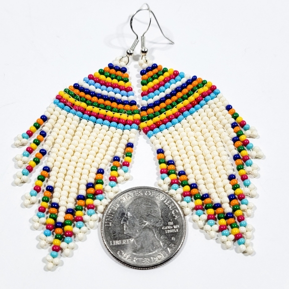 Handmade Off White Tribal Seed Bead Fringe Earrings - Picture 2 of 5
